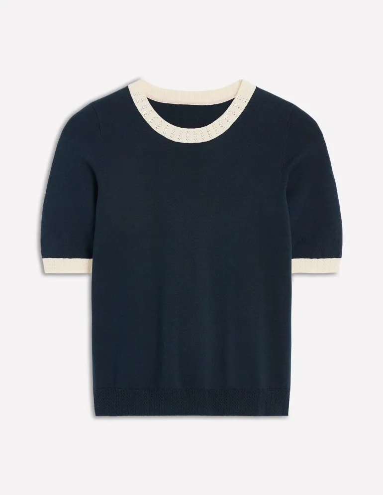 Emilia Cotton Crew T-shirt-Navy, Warm Ivory-Boden Cheap