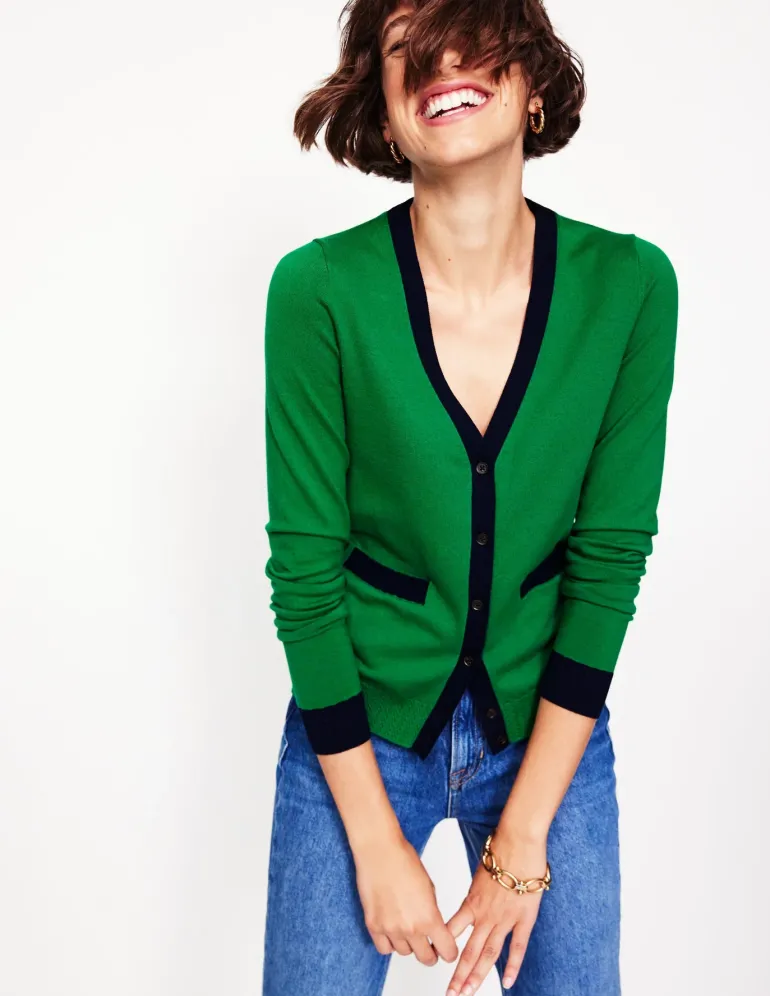 Emilia Cotton V Neck Cardigan-Rich Emerald/Navy-Boden New