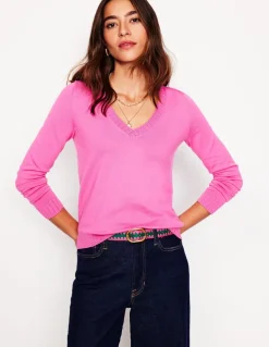 Emilia Cotton V Neck Sweater-Tickled Pink-Boden New