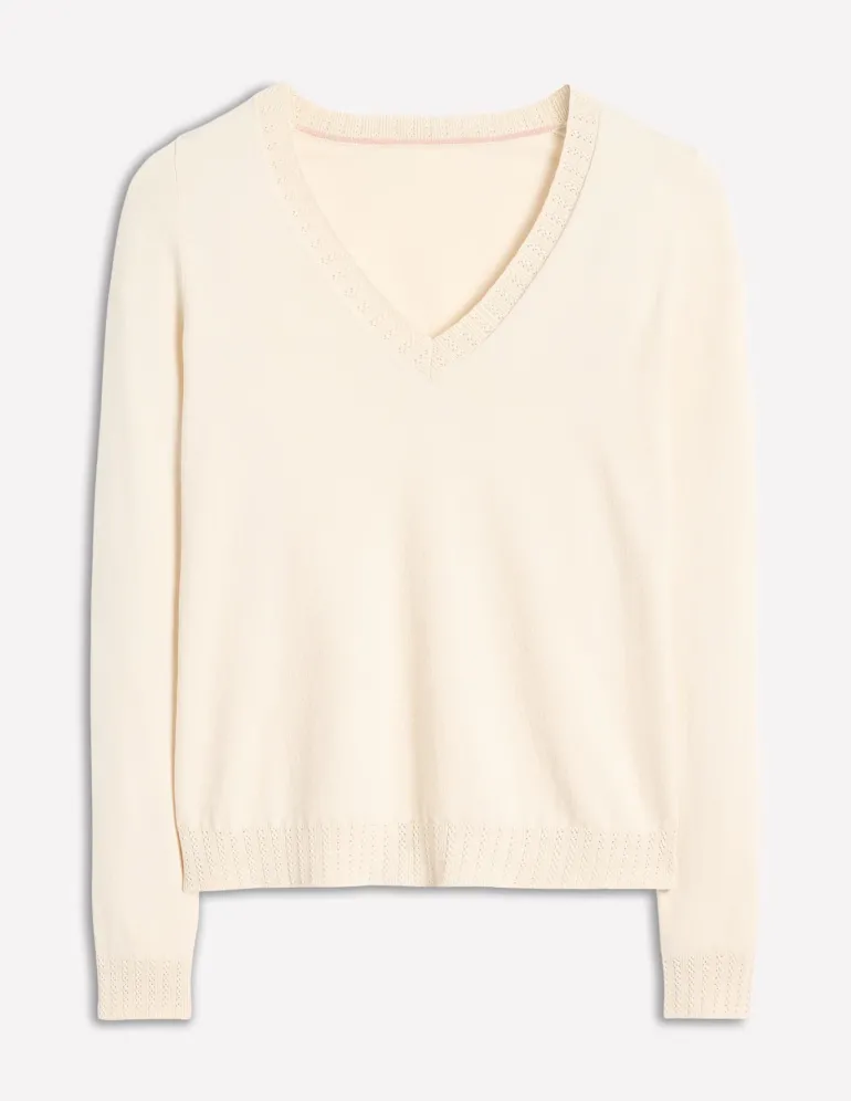 Emilia Cotton V Neck Sweater-Warm Ivory-Boden Fashion