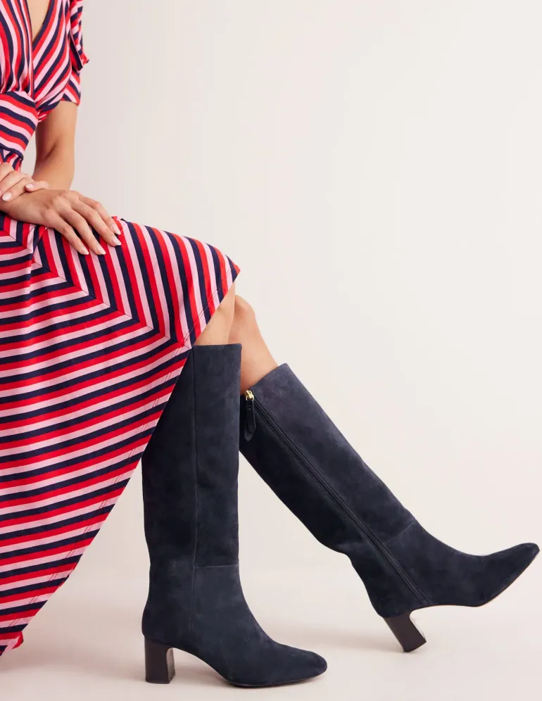 Erica Knee High Leather Boots-Navy Suede-Boden Clearance