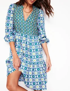 Esme Linen Short Dress-Multi, Floweret Tile-Boden Best