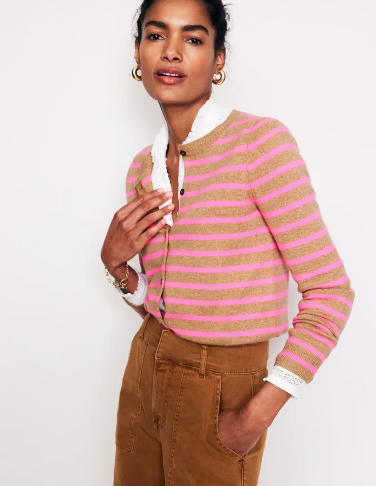 Eva Cashmere Crew Cardigan-Camel Melange/ Fluro Pink-Boden Sale