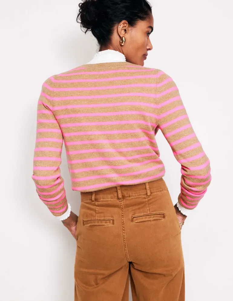 Eva Cashmere Crew Cardigan-Camel Melange/ Fluro Pink-Boden Sale