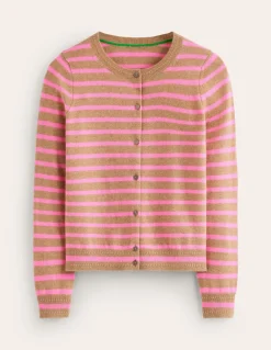 Eva Cashmere Crew Cardigan-Camel Melange/ Fluro Pink-Boden Sale