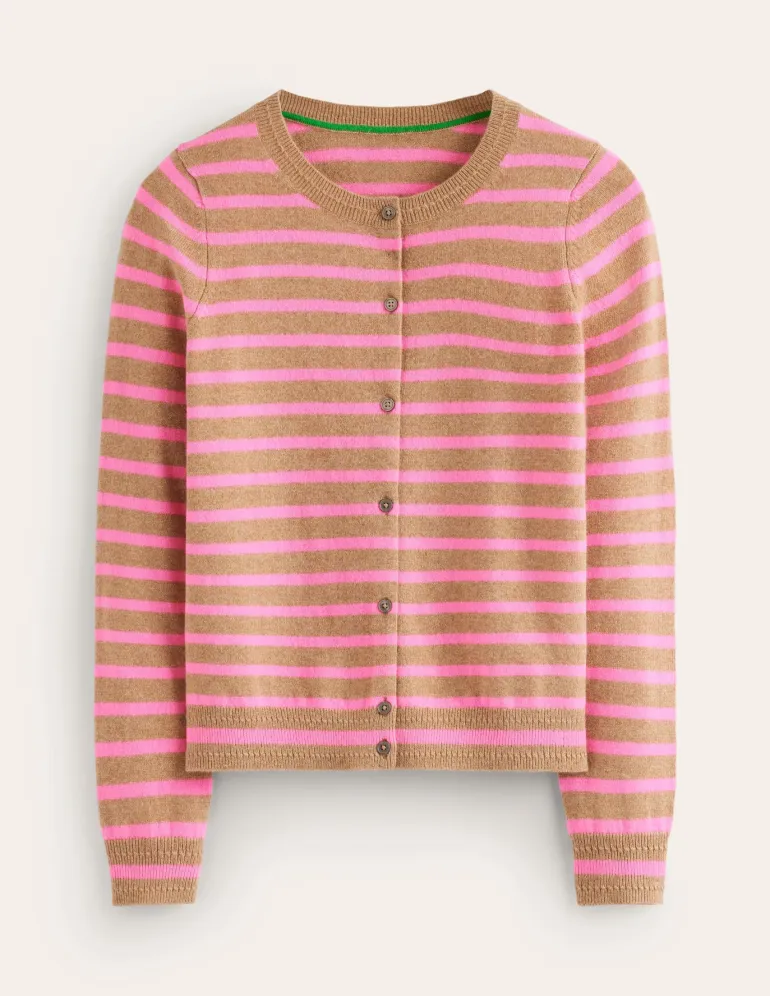 Eva Cashmere Crew Cardigan-Camel Melange/ Fluro Pink-Boden Sale