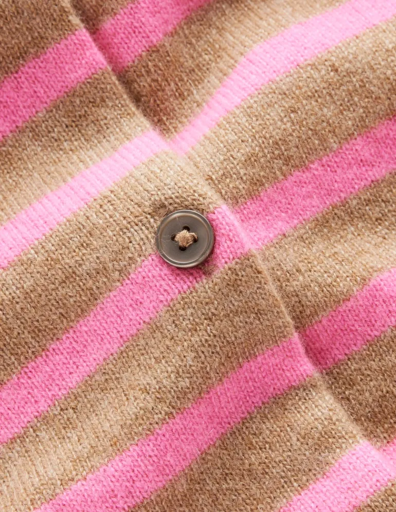 Eva Cashmere Crew Cardigan-Camel Melange/ Fluro Pink-Boden Sale