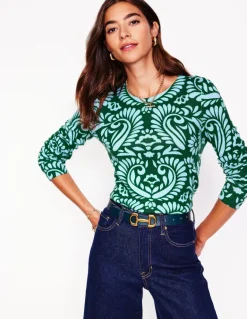 Eva Cashmere Crew Neck Sweater-Pine Green, Decorative Flora-Boden Hot