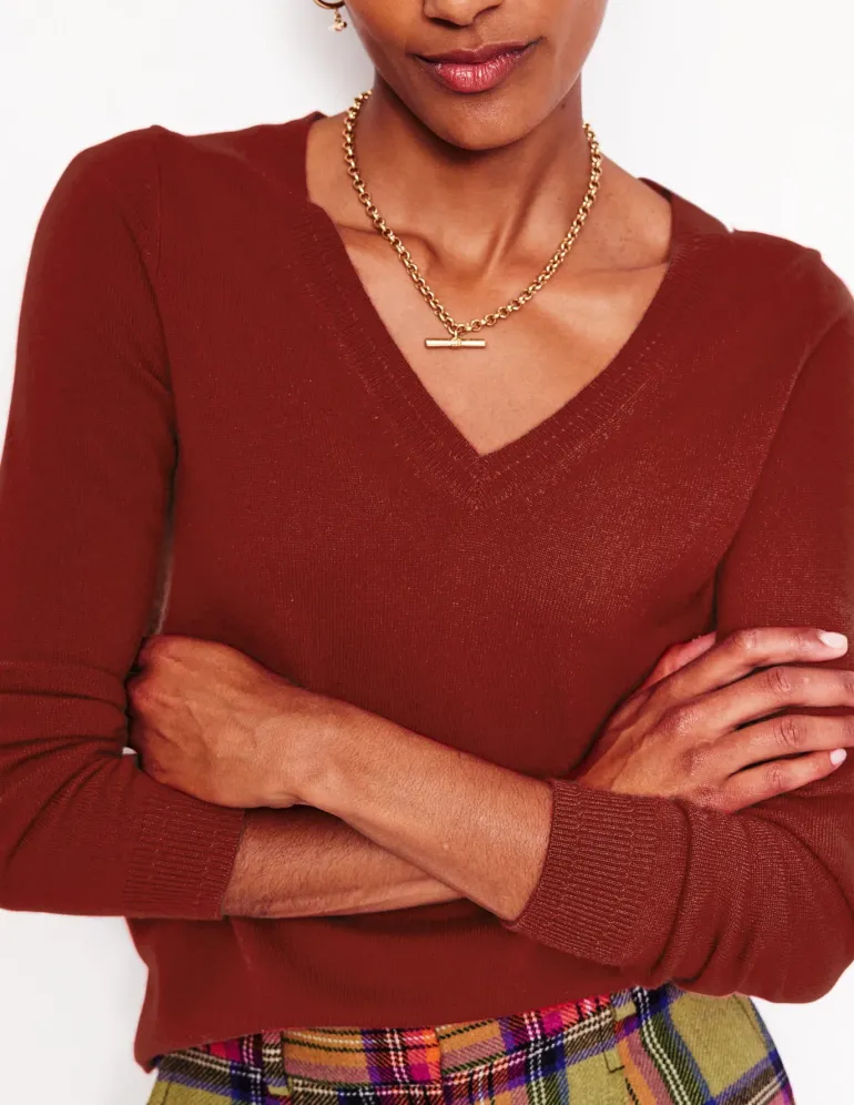 Eva Cashmere V-Neck Sweater-Copper Brown-Boden Outlet