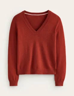 Eva Cashmere V-Neck Sweater-Copper Brown-Boden Outlet