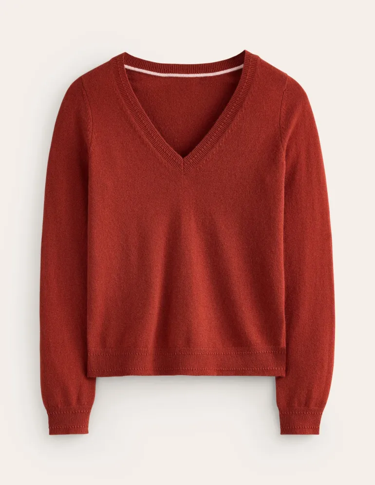 Eva Cashmere V-Neck Sweater-Copper Brown-Boden Outlet