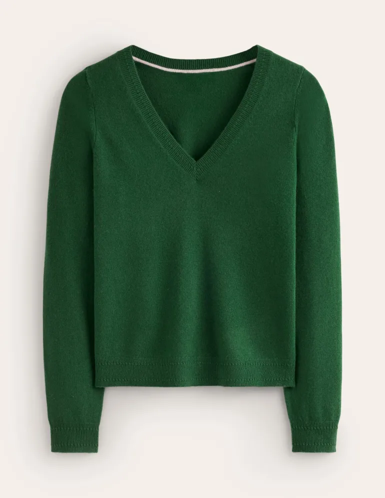 Eva Cashmere V-Neck Sweater-Pine Green-Boden Best