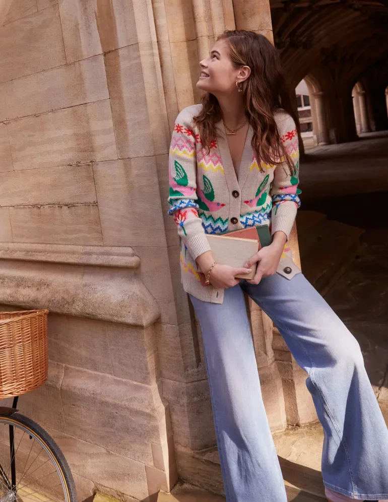 Fair Isle Boyfriend Cardigan-Oatmeal Melange, Birds-Boden Online