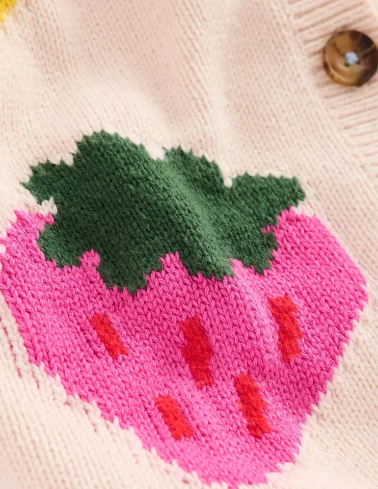 Flora Fun V-Neck Cardigan-Ecru Marl Strawberries-Boden Best