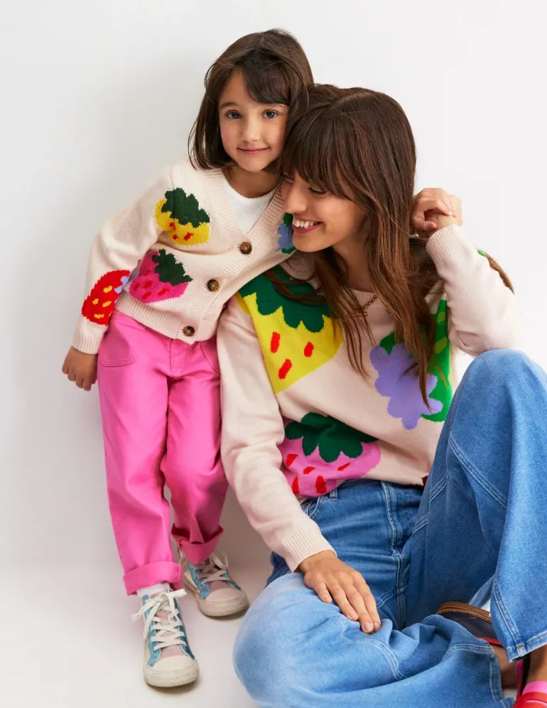 Flora Fun V-Neck Cardigan-Ecru Marl Strawberries-Boden Best