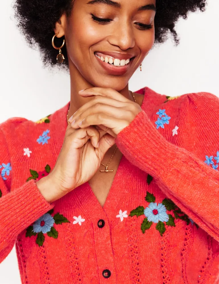Fluffy Embroidered Cardigan-Firecracker Red-Boden Shop