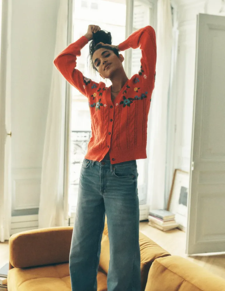 Fluffy Embroidered Cardigan-Firecracker Red-Boden Shop
