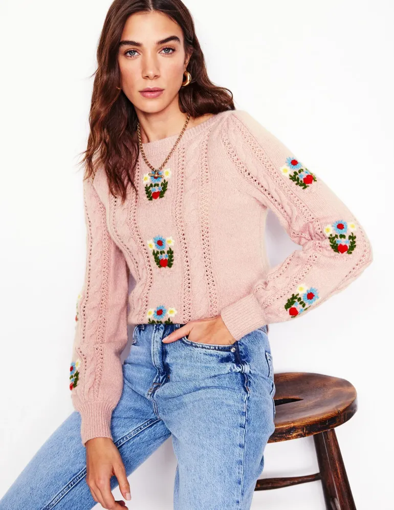 Fluffy Embroidered Sweater-Soft Lavender Pink-Boden Online