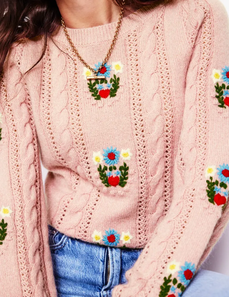 Fluffy Embroidered Sweater-Soft Lavender Pink-Boden Online
