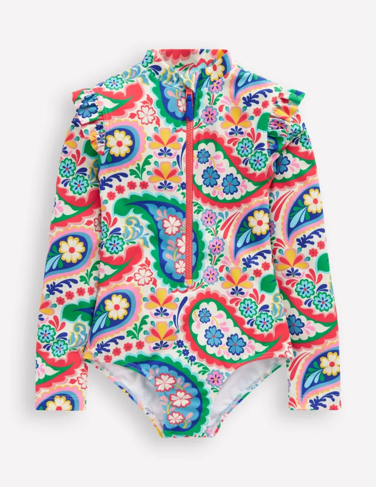 Frill Long Sleeved Swimsuit-Ivory Paisley-Boden Clearance
