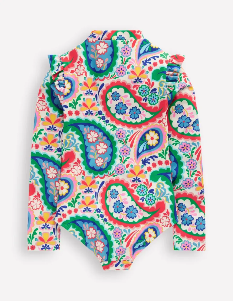 Frill Long Sleeved Swimsuit-Ivory Paisley-Boden Clearance