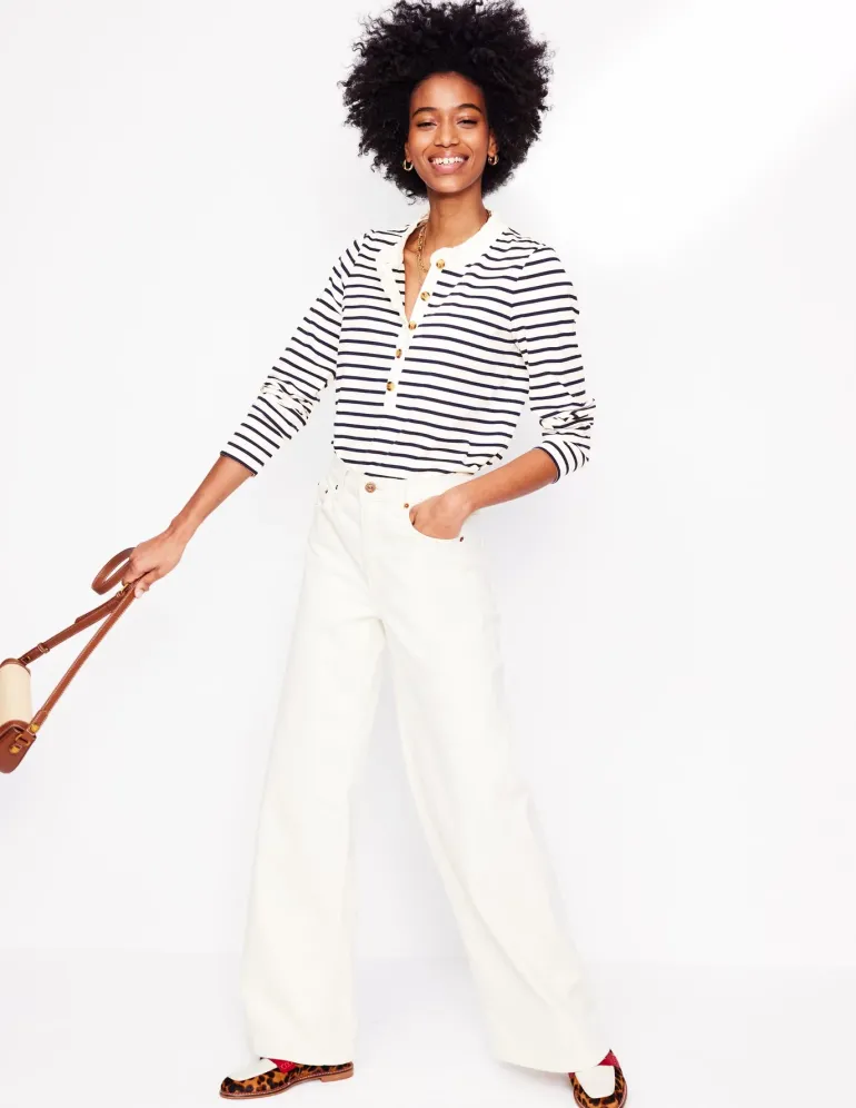 Frill Neck Breton Top-Ivory, Navy-Boden Outlet