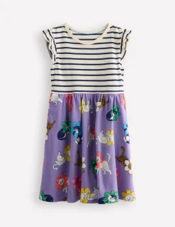 Frill Sleeve Jersey Dress-Aster Purple Flower Cat-Boden Cheap