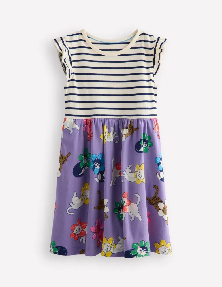 Frill Sleeve Jersey Dress-Aster Purple Flower Cat-Boden Cheap