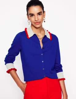 Frilled Cotton Blend Cardigan-Bright Blue-Boden Store