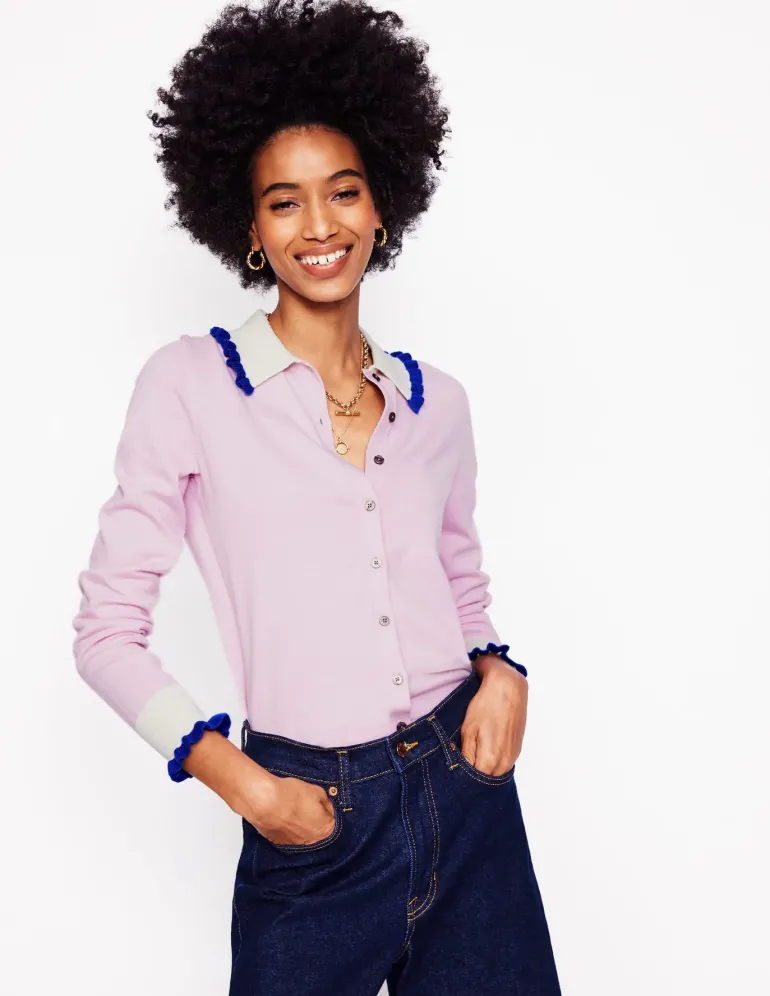 Frilled Cotton Blend Cardigan-Soft Lavender Pink-Boden Online