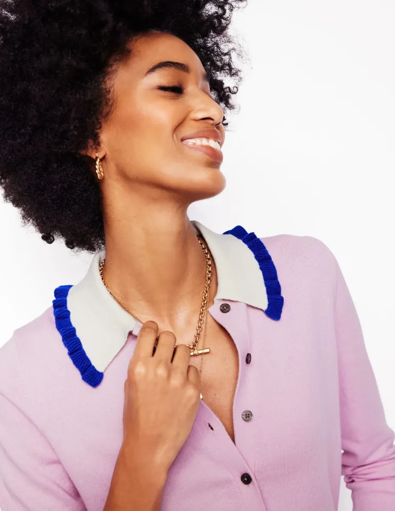 Frilled Cotton Blend Cardigan-Soft Lavender Pink-Boden Online