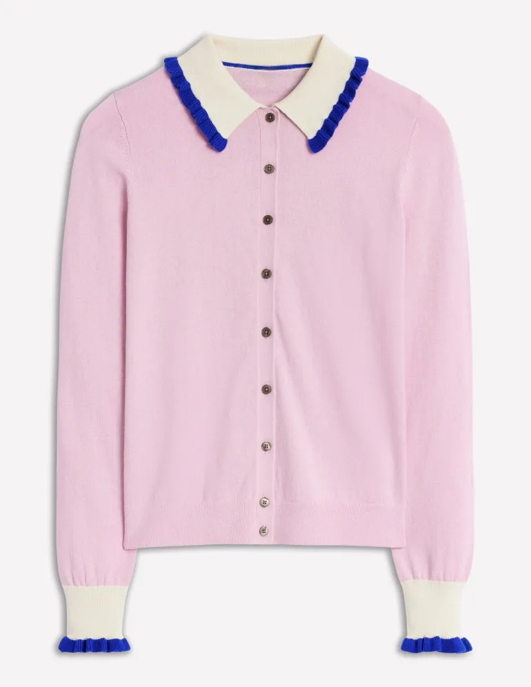 Frilled Cotton Blend Cardigan-Soft Lavender Pink-Boden Online
