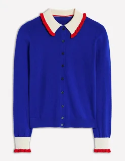 Frilled Cotton Blend Cardigan-Bright Blue-Boden Store