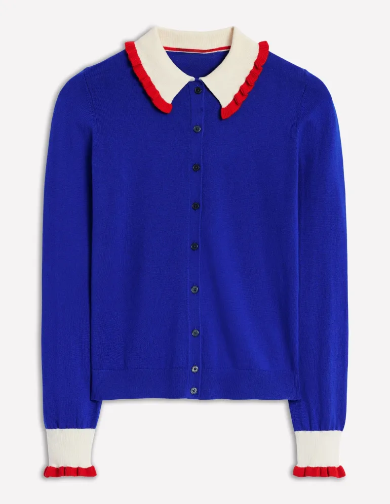 Frilled Cotton Blend Cardigan-Bright Blue-Boden Store