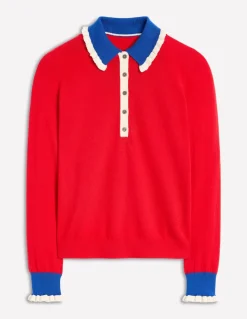 Frilled Cotton Blend Sweater-Poppy Red-Boden Clearance