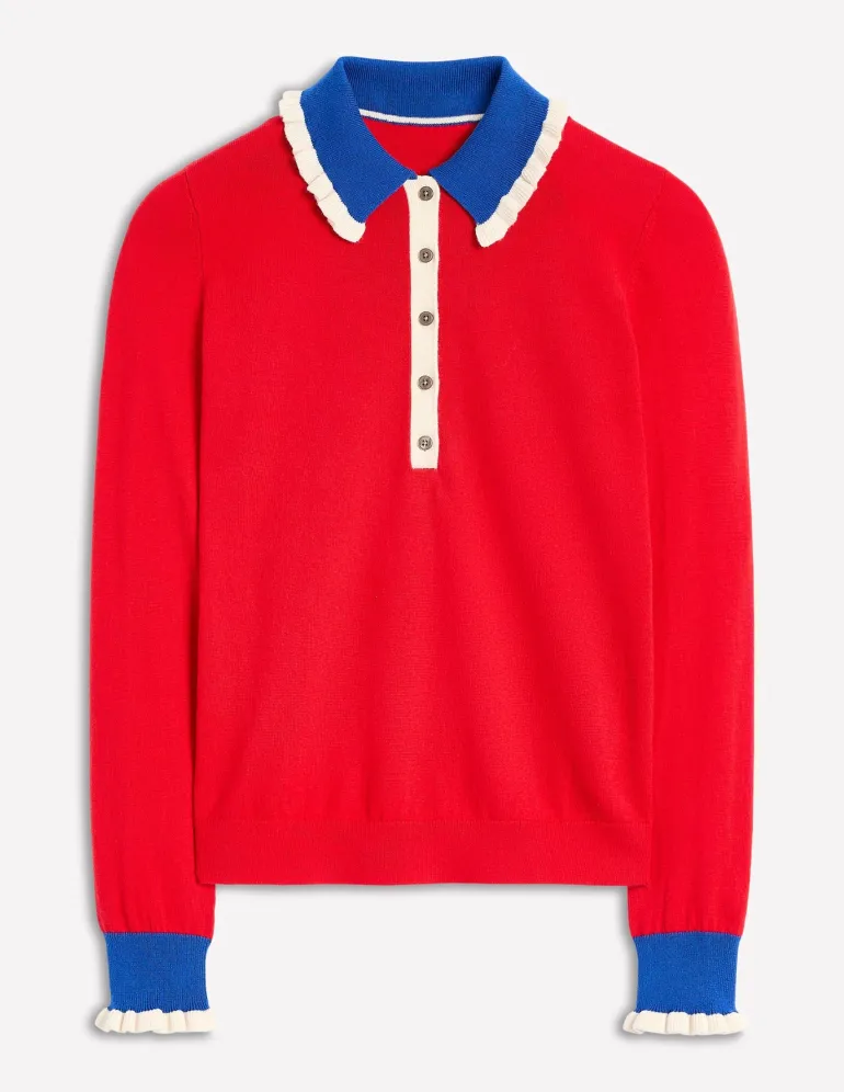 Frilled Cotton Blend Sweater-Poppy Red-Boden Clearance