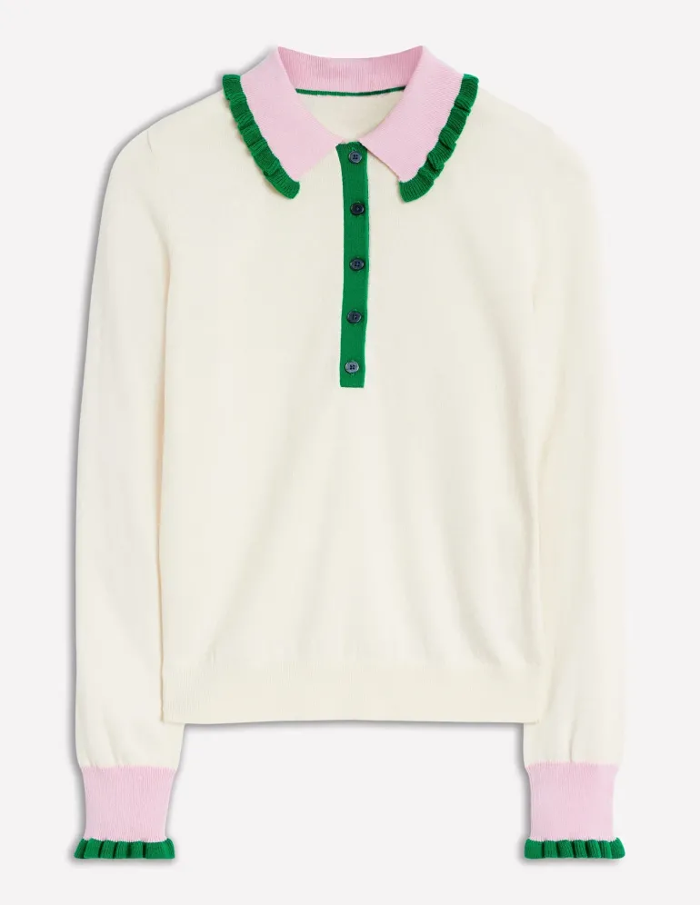 Frilled Cotton Blend Sweater-Warm Ivory/ Soft Lavender Pink-Boden Sale