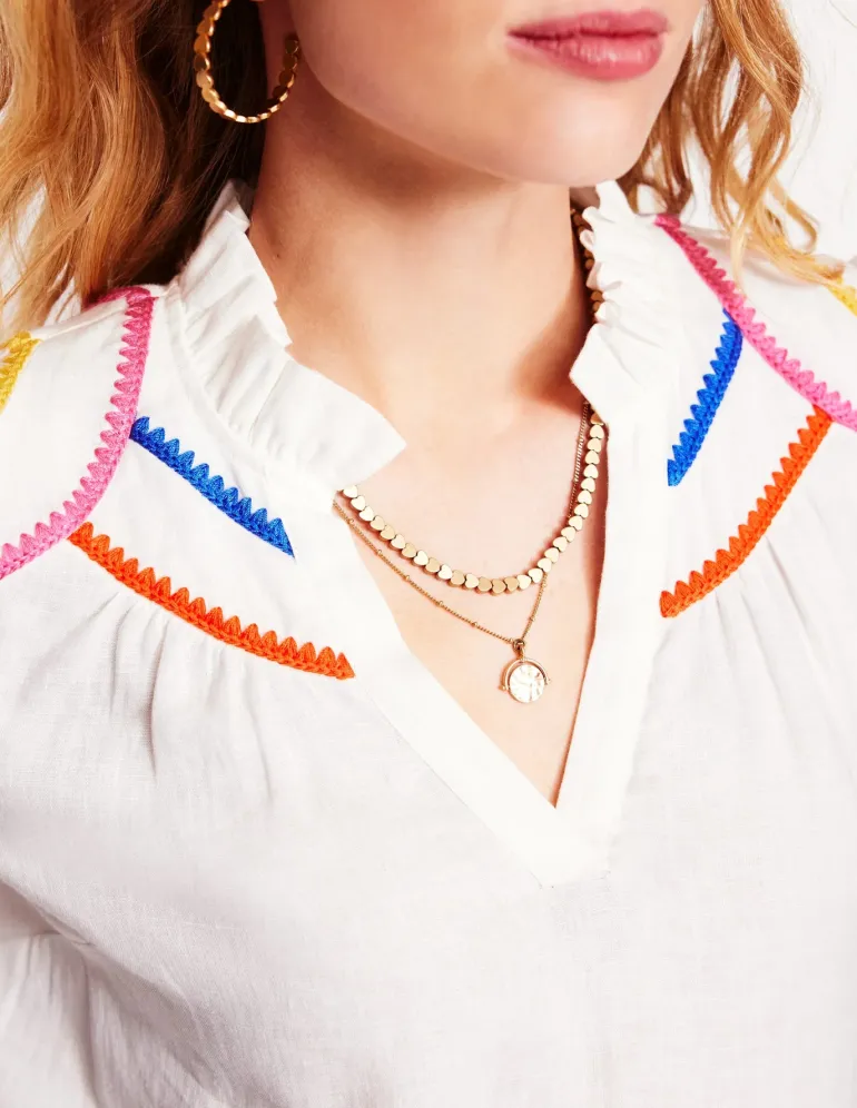 Grace Linen Top-White, Multi Stitch-Boden Cheap