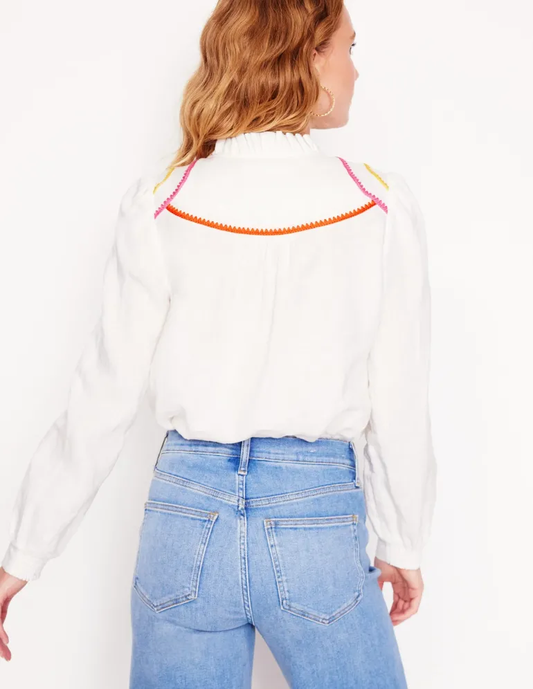 Grace Linen Top-White, Multi Stitch-Boden Cheap