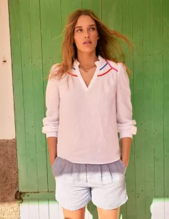 Grace Linen Top-White, Multi Stitch-Boden Cheap