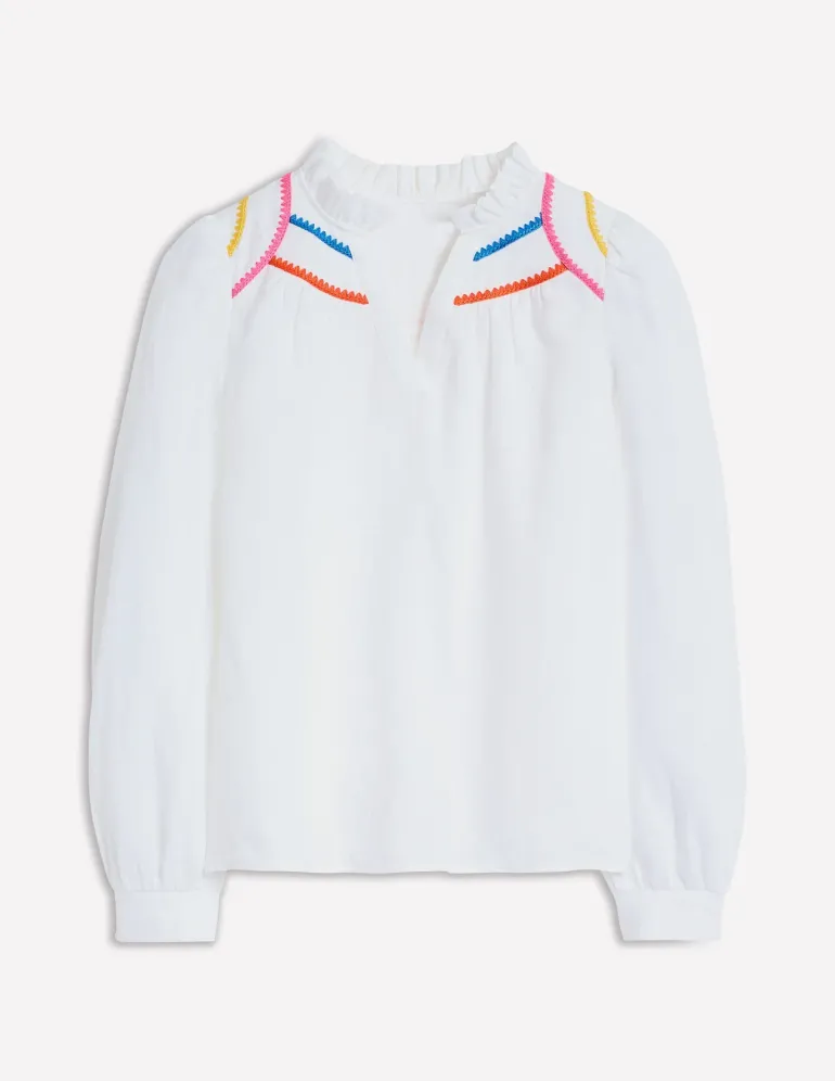 Grace Linen Top-White, Multi Stitch-Boden Cheap