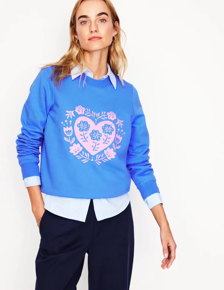 Hannah Embroidered Sweatshirt-Peacock Plume Blue, Hearts-Boden Discount