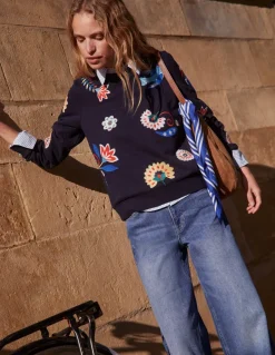 Hannah Embroidered Sweatshirt-Navy, Conversational-Boden Online