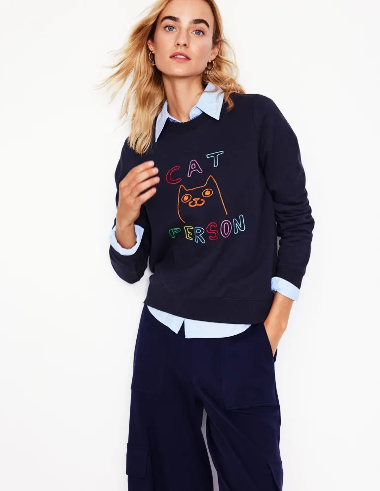 Hannah Embroidered Sweatshirt-Navy, Conversational-Boden Clearance