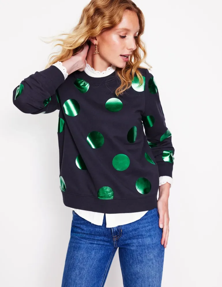 Hannah Printed Sweatshirt-Navy, Green Spot-Boden Clearance