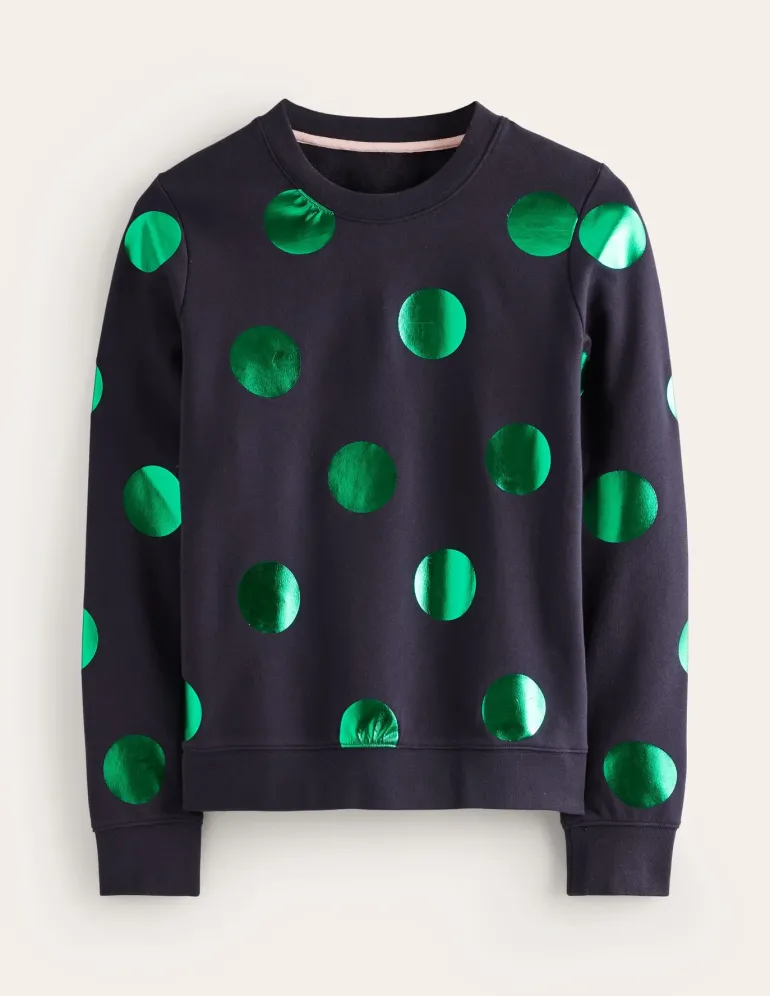 Hannah Printed Sweatshirt-Navy, Green Spot-Boden Clearance