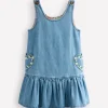 Heart Pocket Pinafore Dress-Mid Vintage Denim Daisies-Boden Cheap