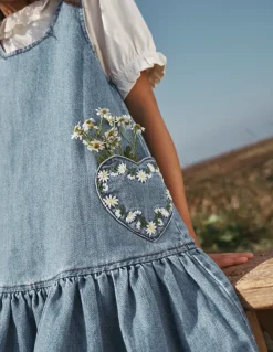Heart Pocket Pinafore Dress-Mid Vintage Denim Daisies-Boden Cheap