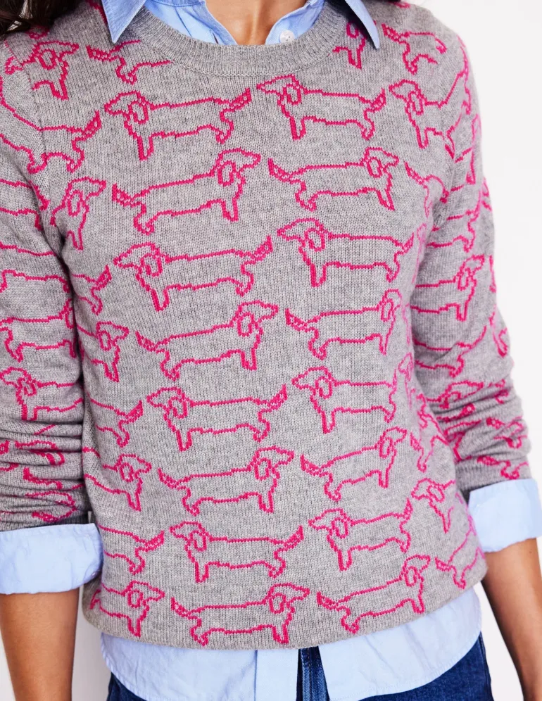 Heather Jacquard Sweater-Grey Marl, Pink Sausage Dog-Boden Outlet