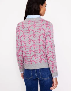 Heather Jacquard Sweater-Grey Marl, Pink Sausage Dog-Boden Outlet